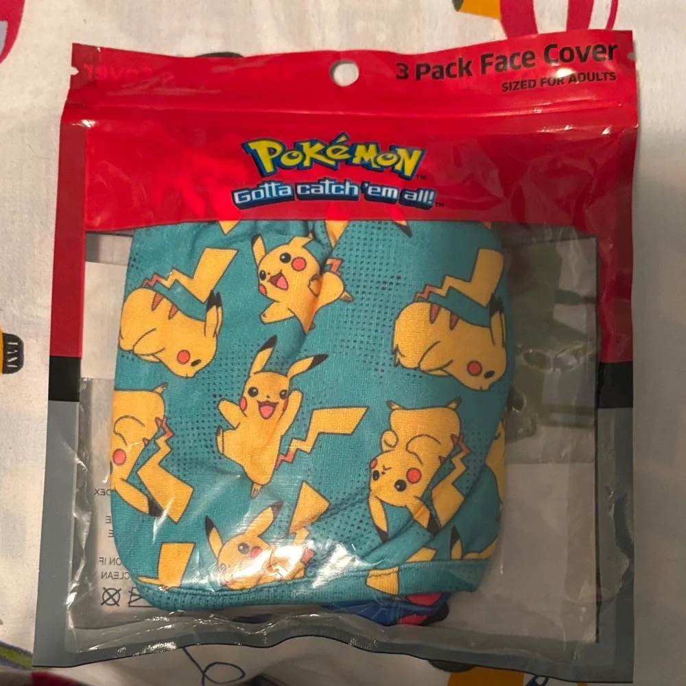 Pokemon Blue Face Cover Set with Pikachu Design. Recommended for ages 14+.